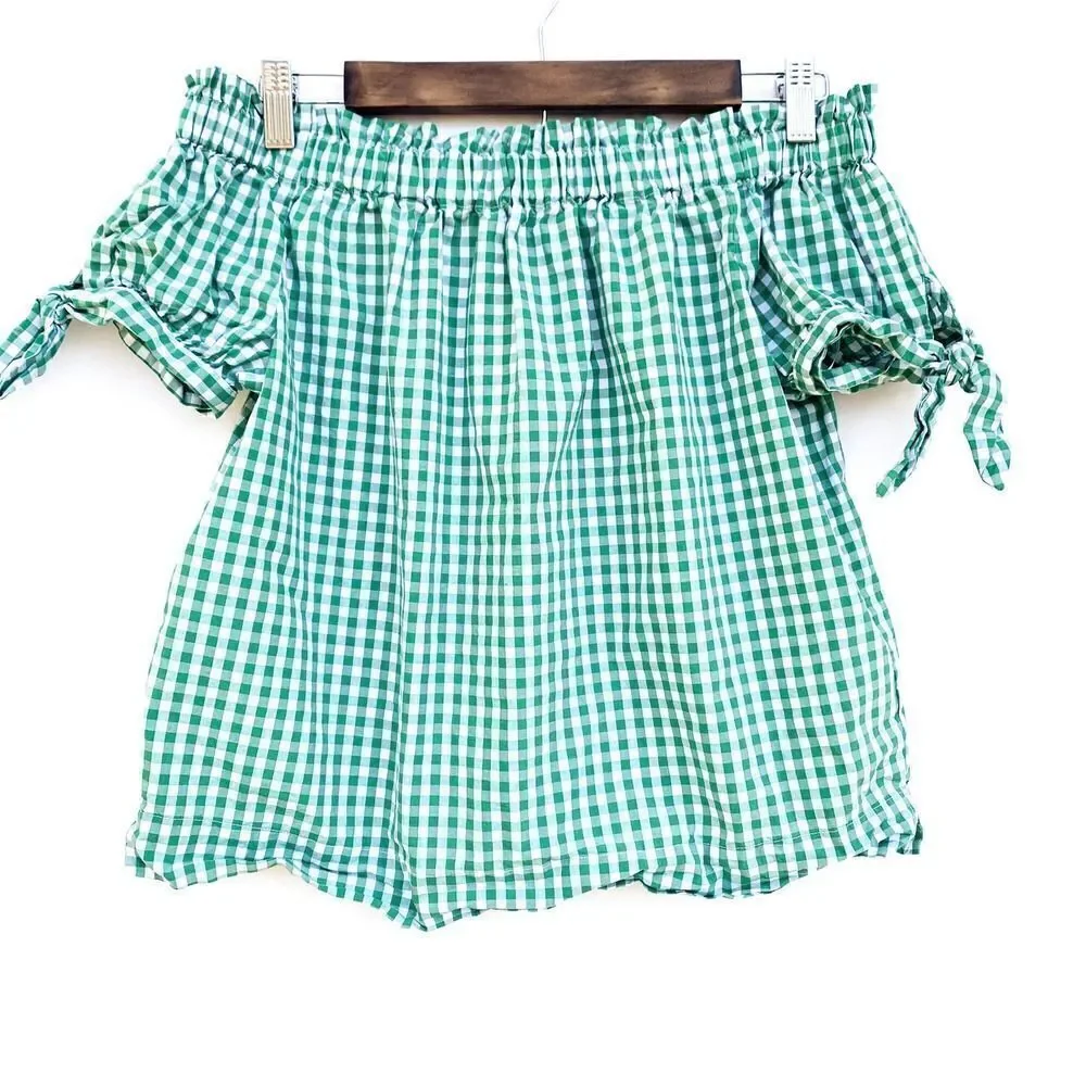 J. Crew White Green Gingham Off the Shoulder Top